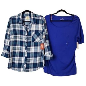 NWT Two Women's XL Tops-- Flannel Button Front Shirt & Blue Scoop Neck TShirt XL